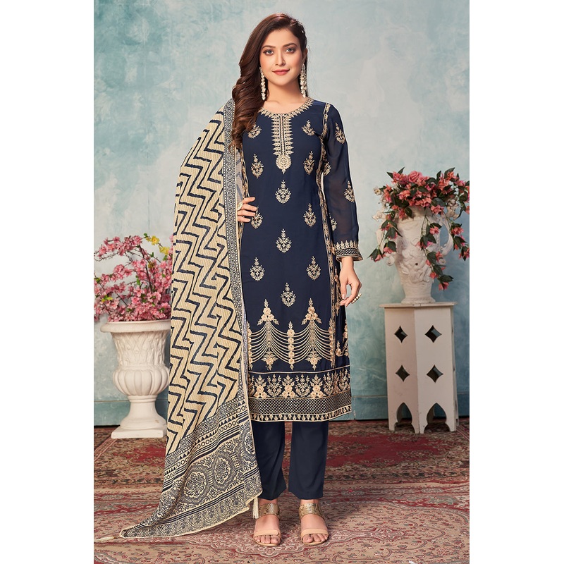 Navy Blue Festival Wear Embroidered Georgette Suit