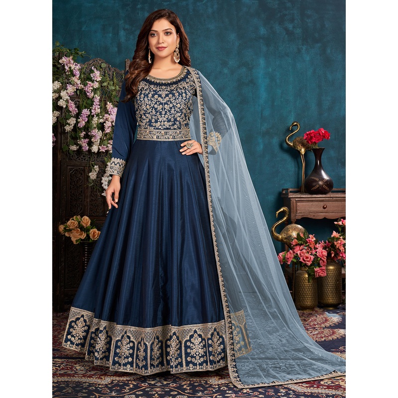 Navy Blue Wedding Art Silk Embroidered Anarkali Suit