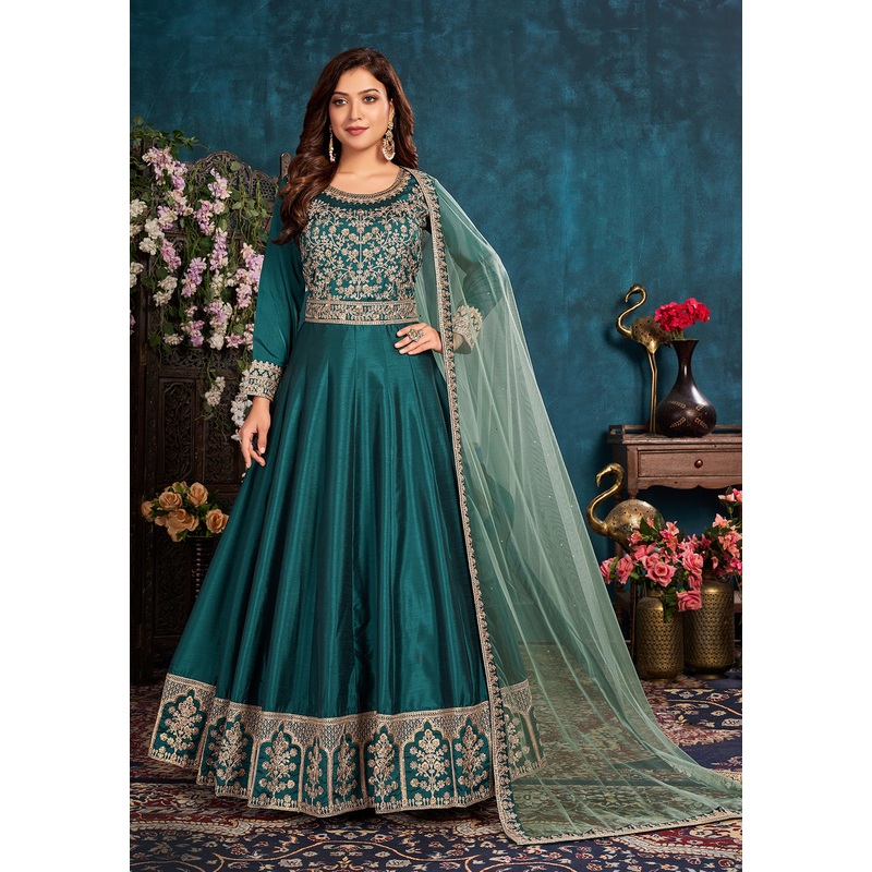 Ocean Blue Wedding Art Silk Embroidered Anarkali Suit