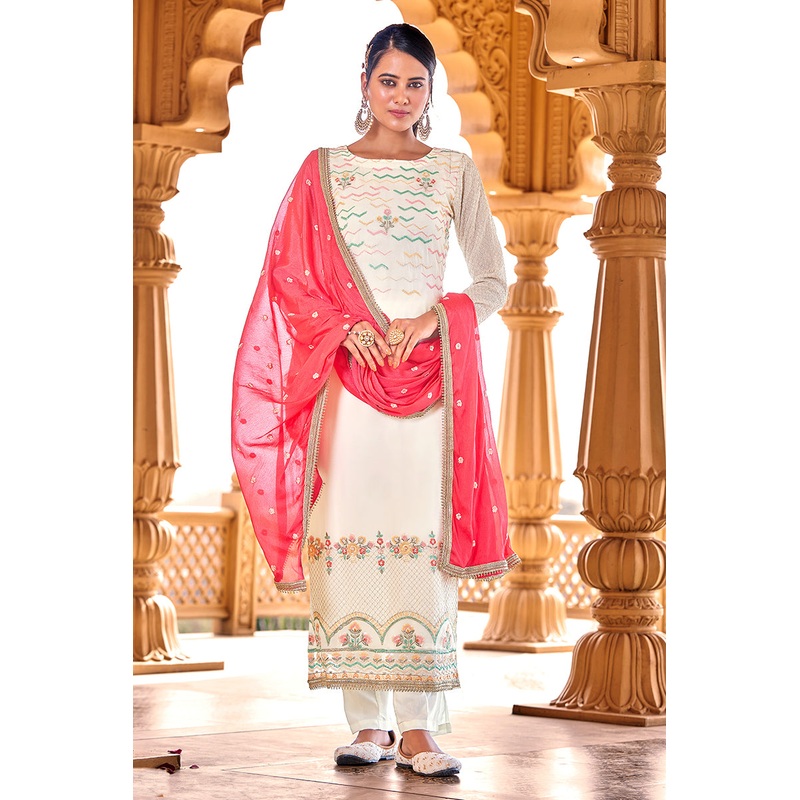 Off White Georgette Viscose Embroidered Salwar Suit