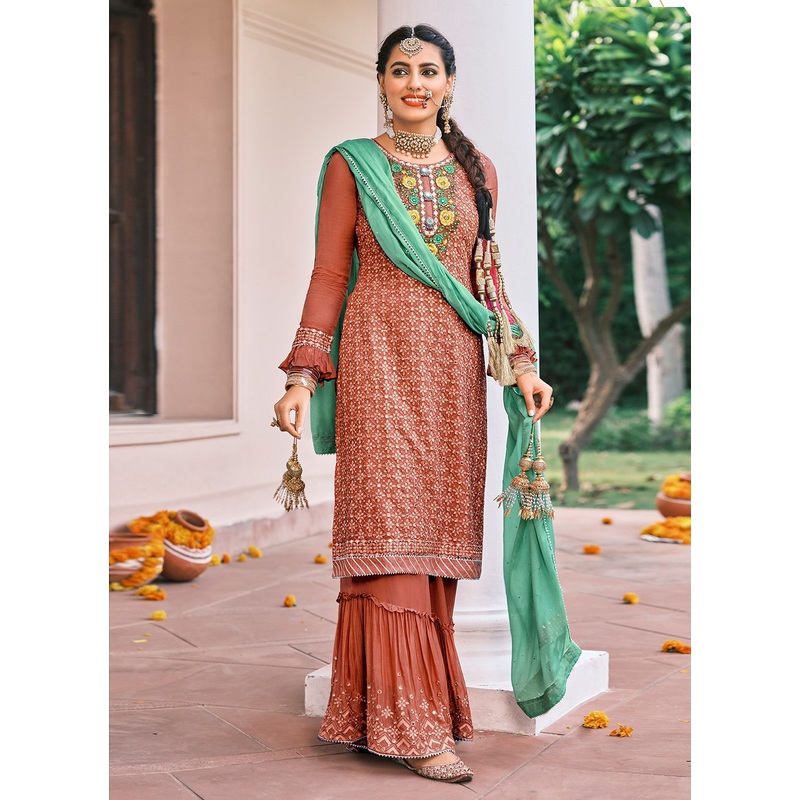 Pakistani Style Brown Embroidered Suit with Palazzo
