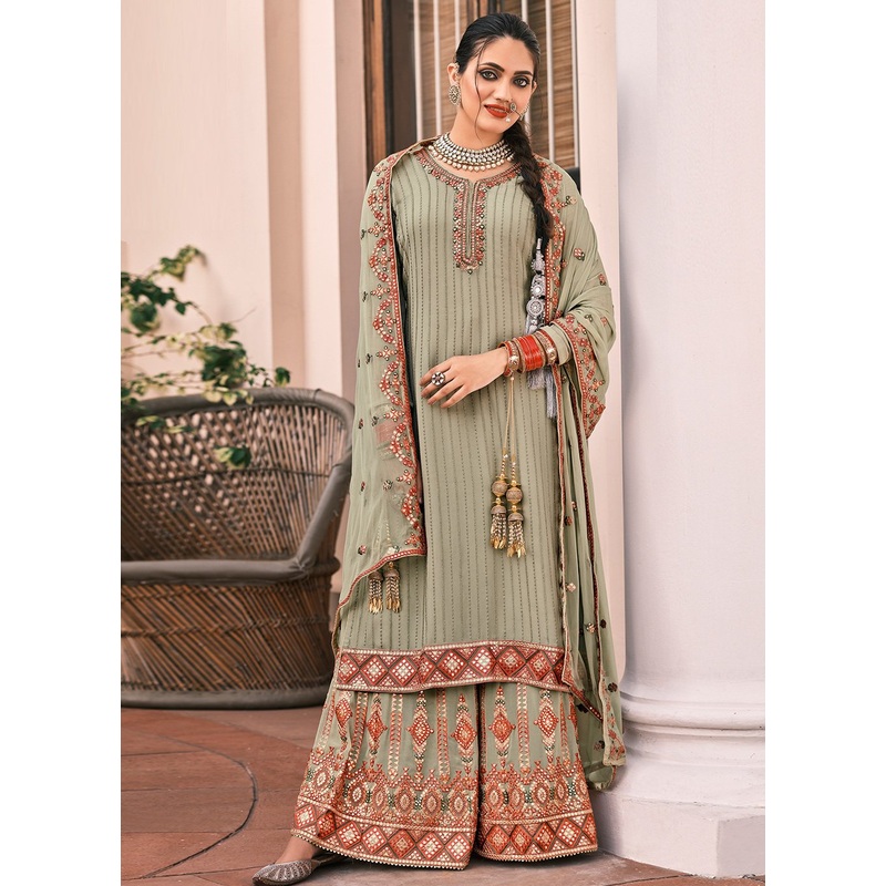 Pakistani Style Mahendi Green Embroidered Suit with Palazzo