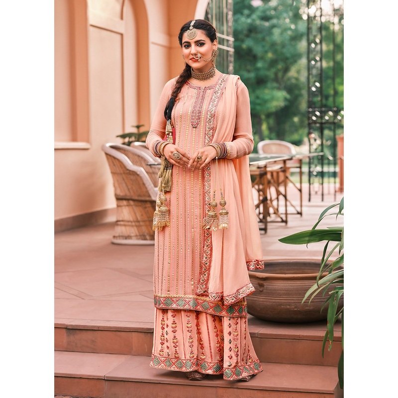 Pakistani Style Peach Pink Embroidered Suit with Palazzo