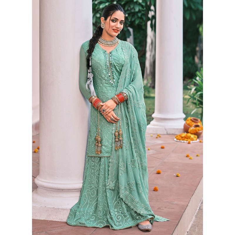 Pakistani Style Sky Blue Embroidered Suit with Palazzo