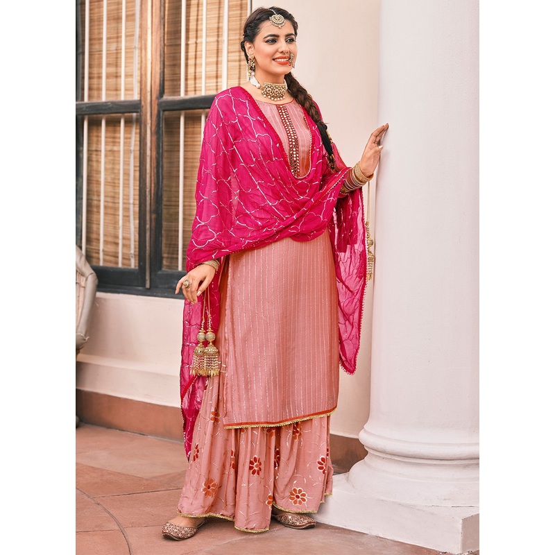 Pakistani Style Soft Pink Embroidered Suit with Palazzo