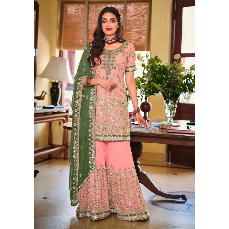 Palazzo Style Blush Pink Embellished Georgette Suit