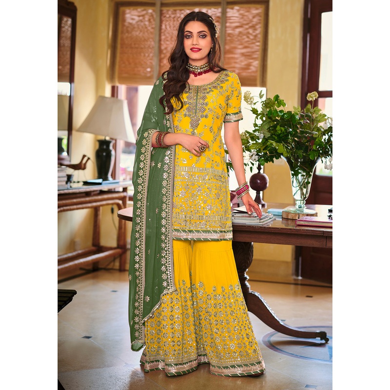 Palazzo Style Bright Yellow Embellished Georgette Suit