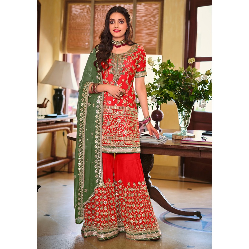 Palazzo Style Crimson Red Embellished Georgette Suit