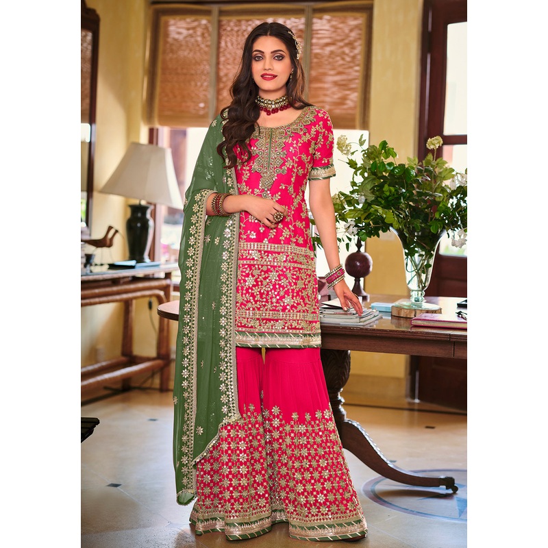 Palazzo Style Hot Pink Embellished Georgette Suit
