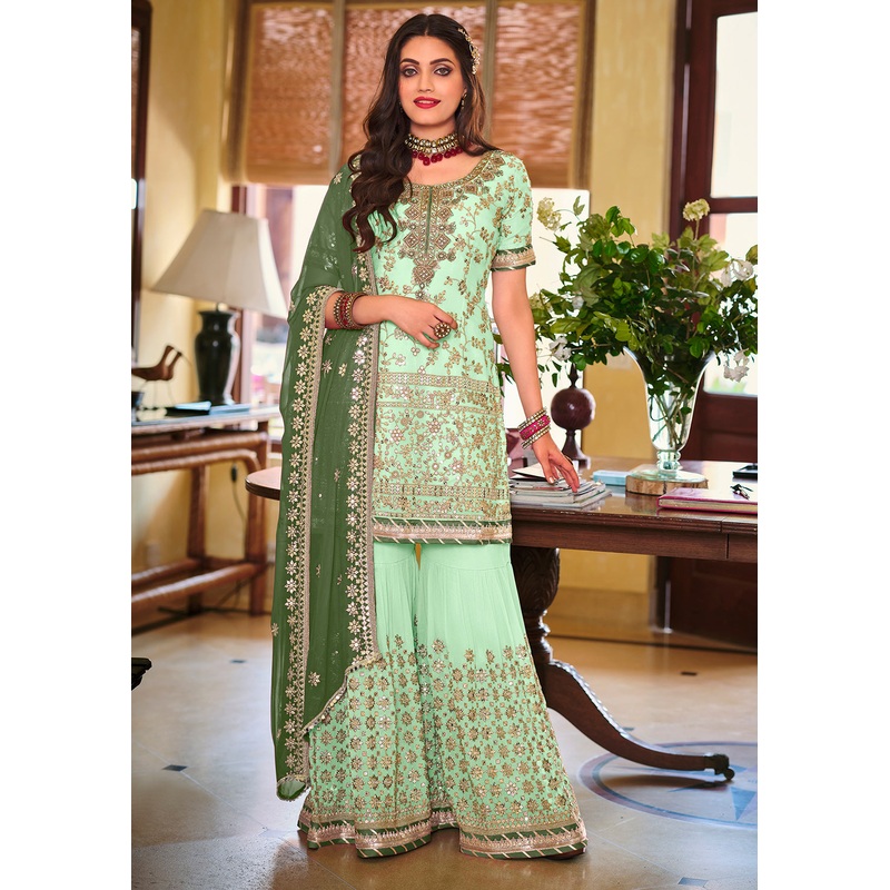 Palazzo Style Mint Green Embellished Georgette Suit