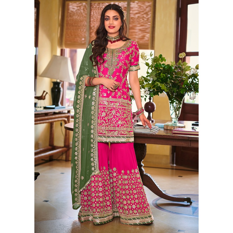 Palazzo Style Rani Pink Embellished Georgette Suit
