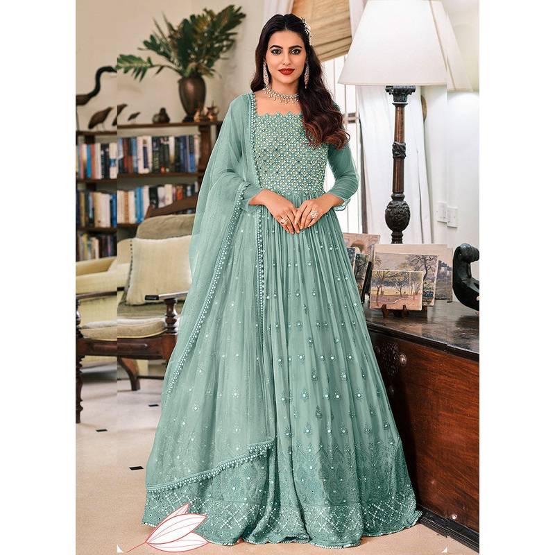 Pastel Blue Designer Mirror Embellished Georgette Anarkali Suit