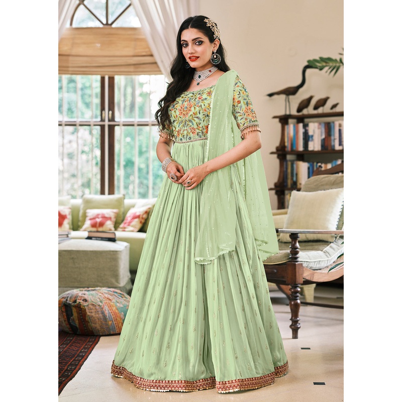 Pastel Green Designer Motifs Embellished Georgette Anarkali Suit