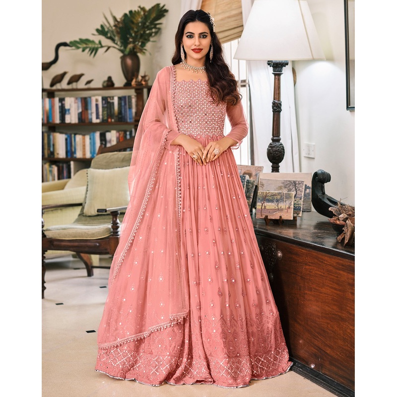 Peach Designer Mirror Embellished Georgette Anarkali Suit