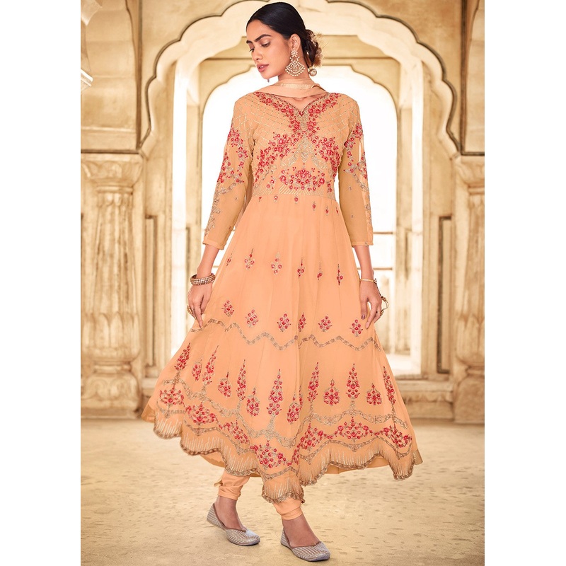 Peach Georgette Floral Embroidered Designer Anarkali Suit