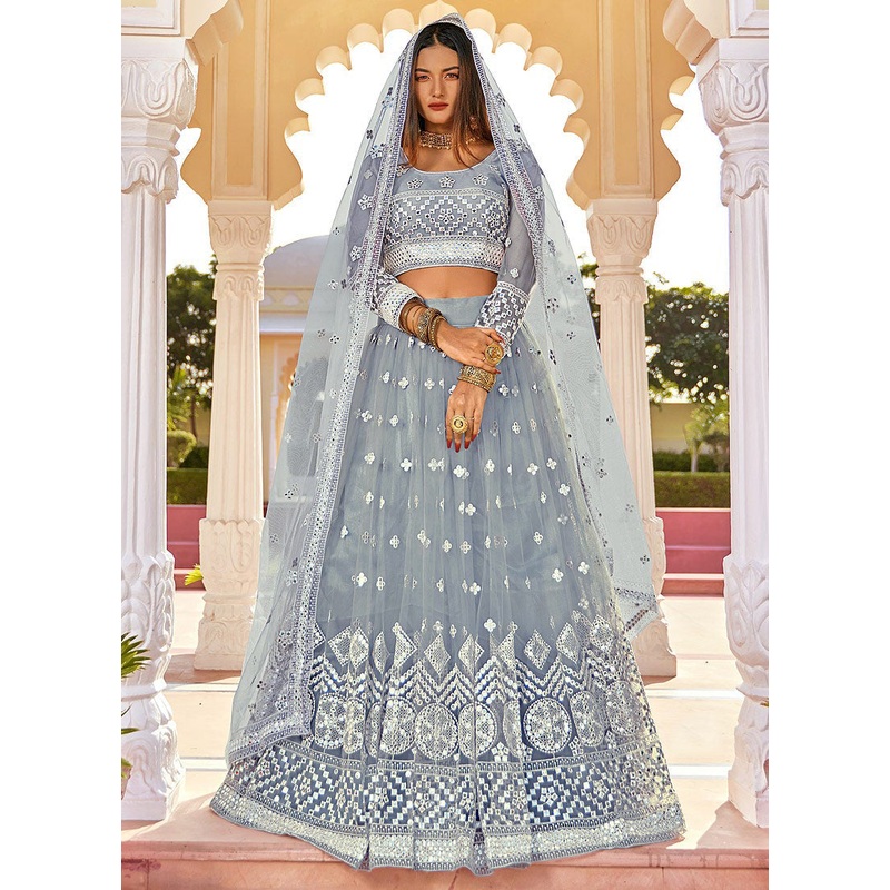 Pigeon Grey Mirror Embellished Wedding Lehenga Choli