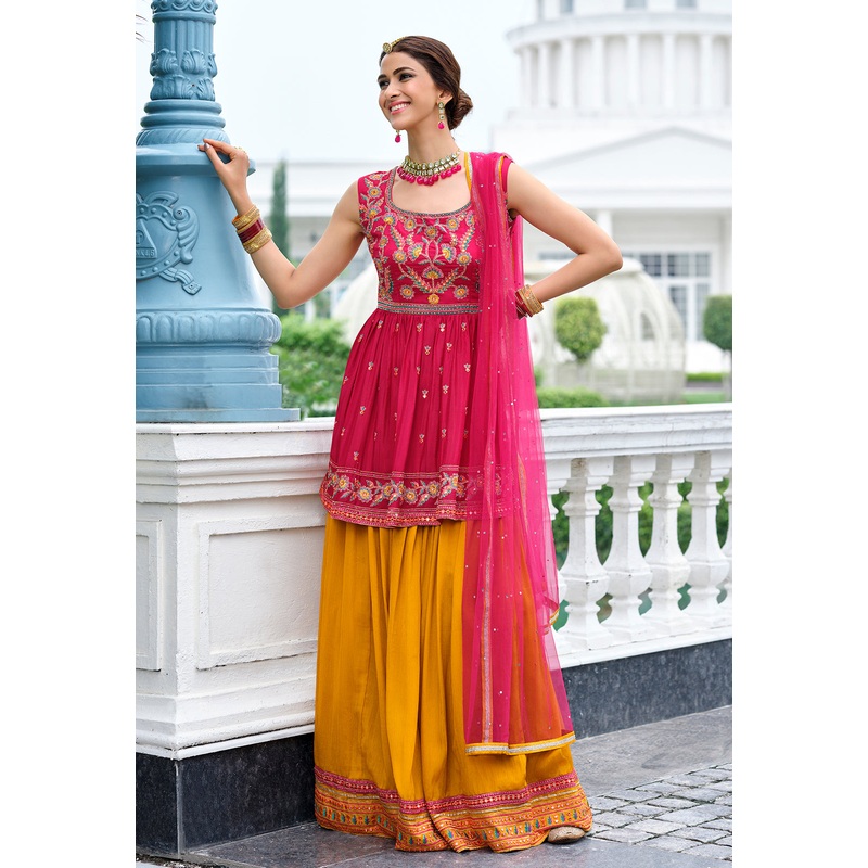Pink & Yellow Palazzo Style Viscose Georgette Peplum Suit