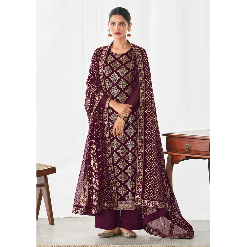 Plum Magenta Floral Motifs Embroidered Palazzo Pants Suits