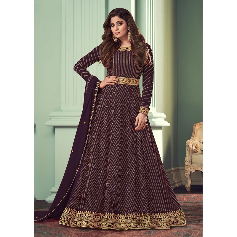 Plum Purple Belt Style Anarkali Featuring Shamita Shetty