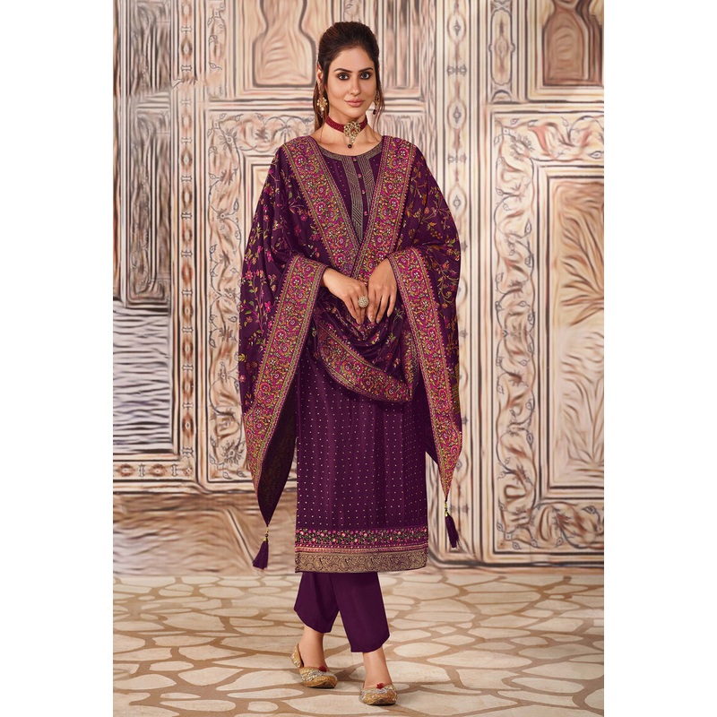Plum Purple Chinnon Sequins Embroidered Pant Style Suit