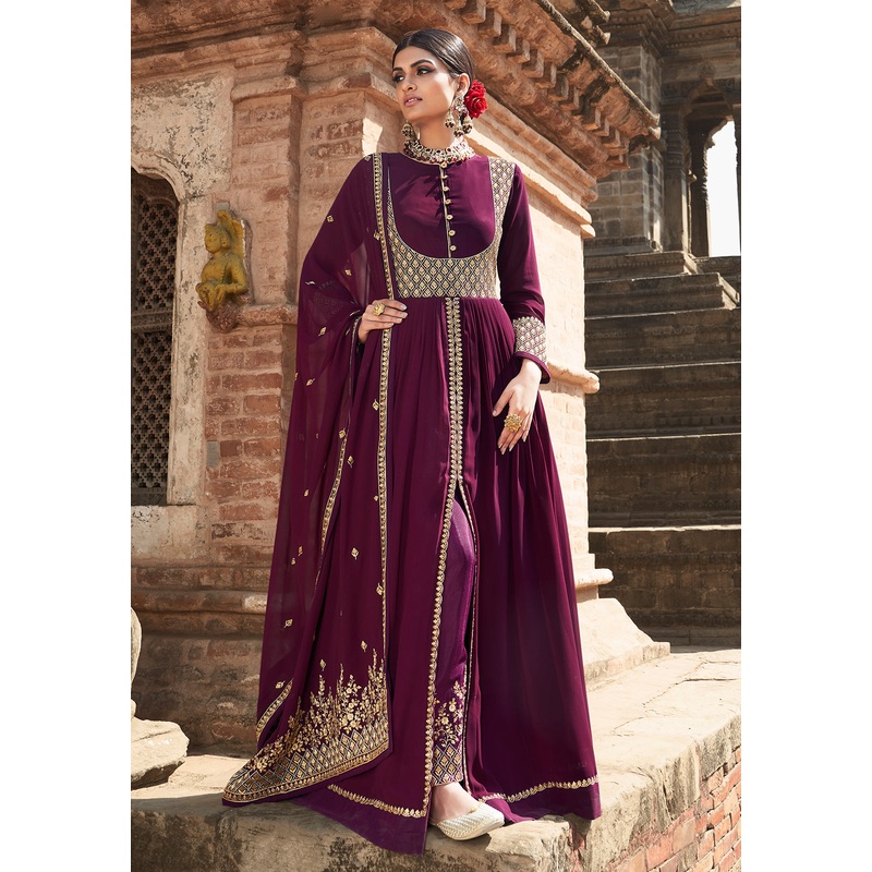Plum Purple Stone Embellished Floor Length Anarkali Suit