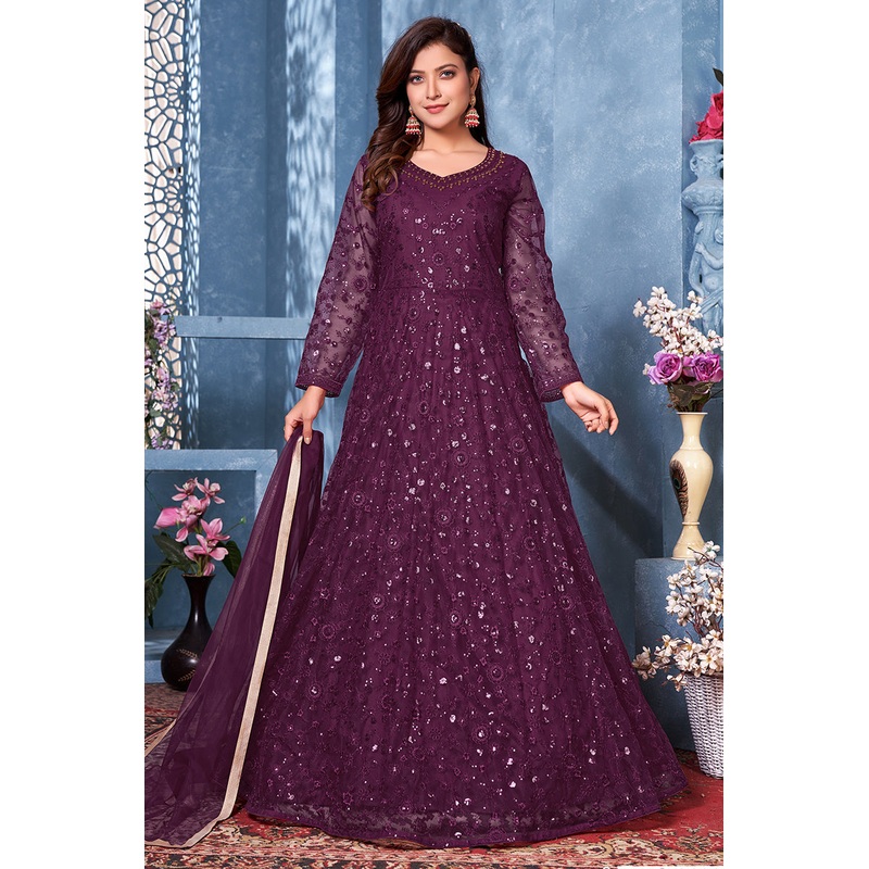 Plum Purple Two Tone Embroidered Sequins Anarkali Suit