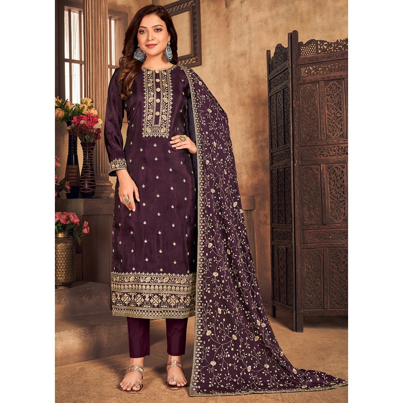 Plum Purple Viscose Embroidered Straight Pant Style Suit