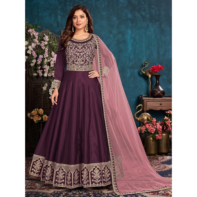 Plum Purple Wedding Art Silk Embroidered Anarkali Suit