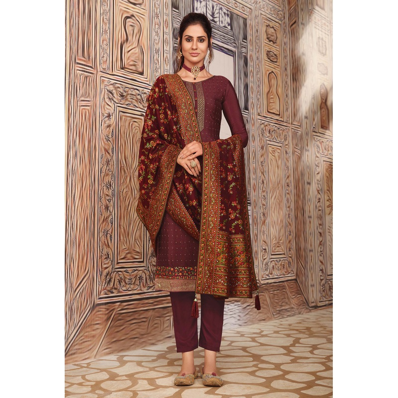 Pretty Maroon Chinnon Sequins Embroidered Pant Style Suit