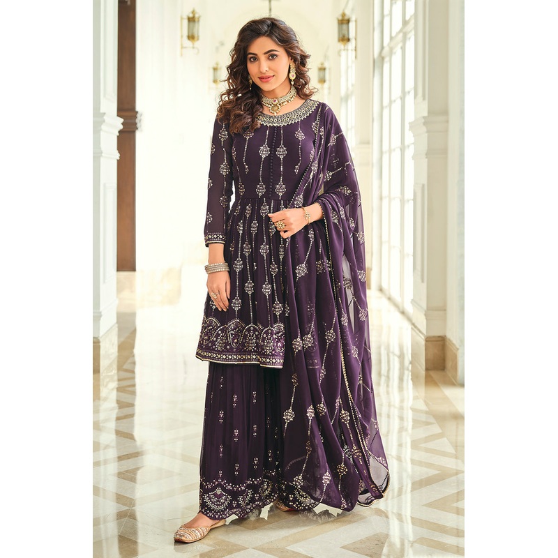 Pretty Purple Gharara Style Embroidered Peplum Suit