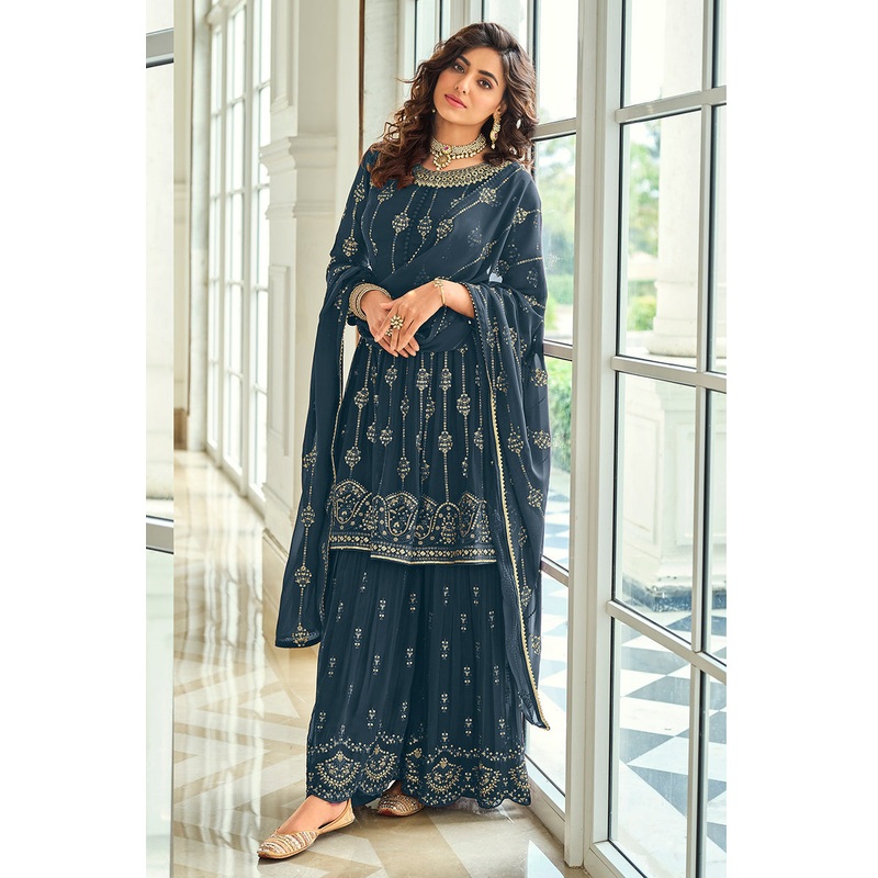 Prussian Blue Gharara Style Embroidered Peplum Suit