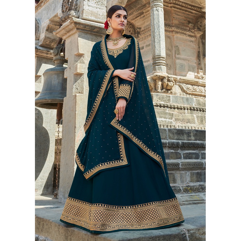 Prussian Blue Stone Embellished Floor Length Anarkali Suit
