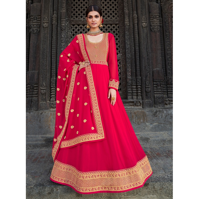 Punch Pink Stone Embellished Floor Length Anarkali Suit