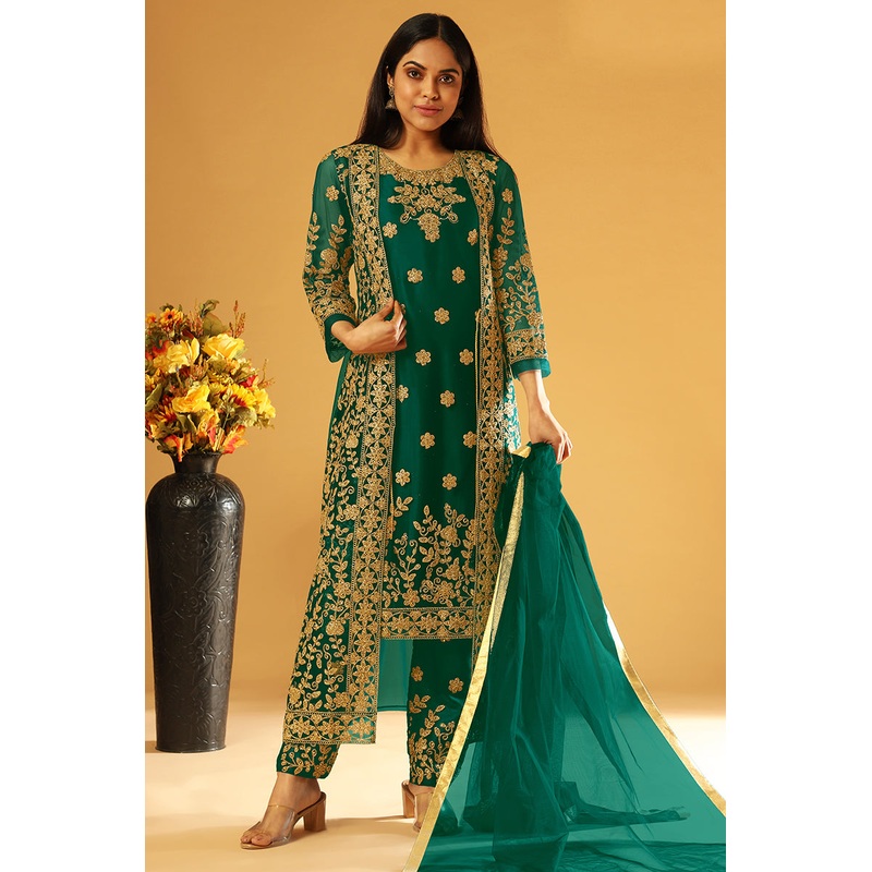 Pure Green Festive Wear Straight Cut Pant Style Suit