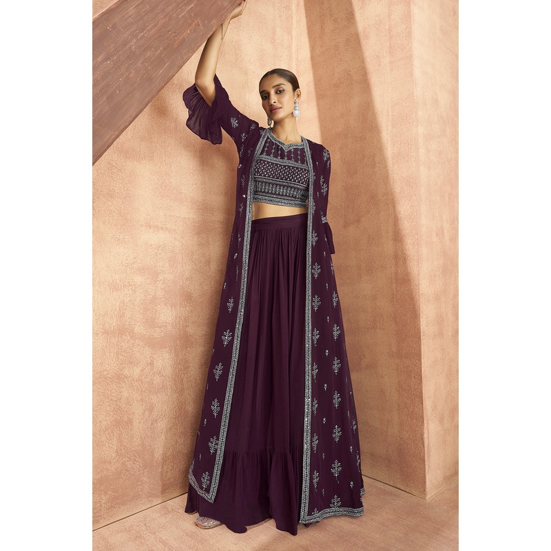 Purple Crop Top 3 Piece Georgette Indo-Western Palazzo Suit