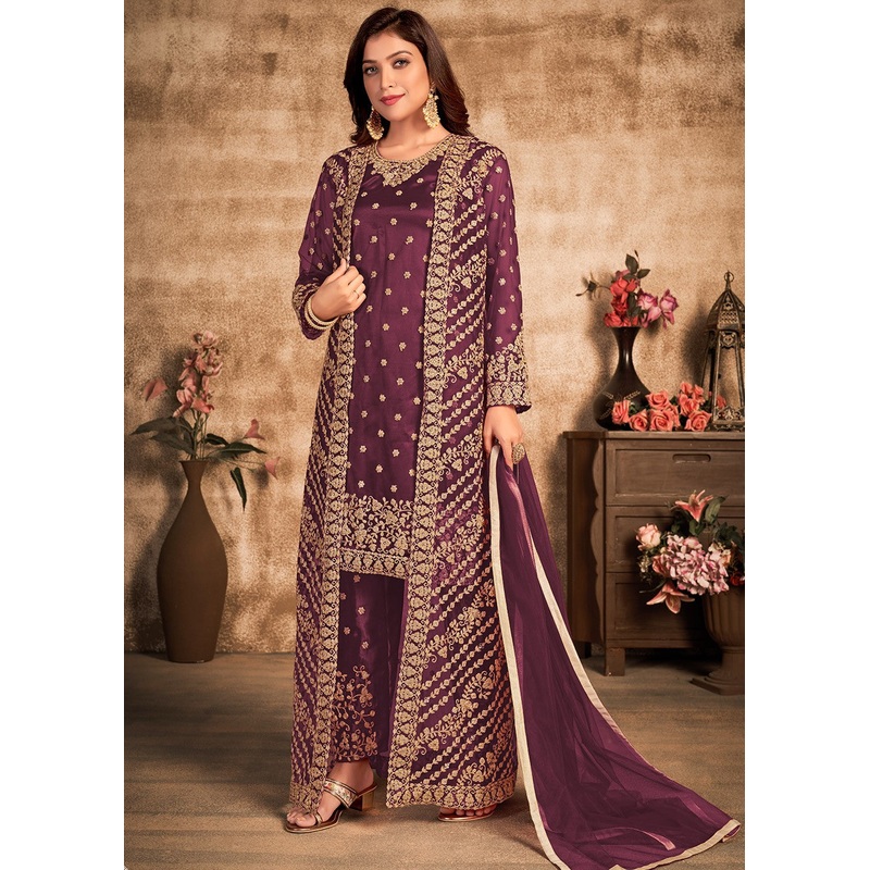 Purple Stone Work Festival Jacket Style Suit