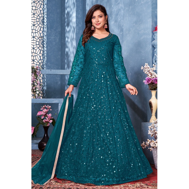 Rama Blue Two Tone Embroidered Sequins Anarkali Suit