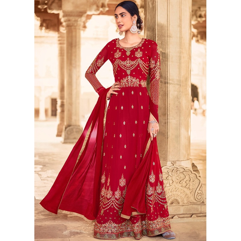 Red Georgette Zari Embroidered Flared Anarkali Suit