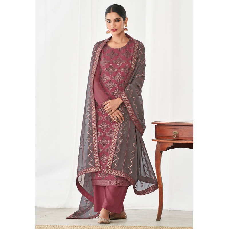 Rosewood Pink Floral Motifs Embroidered Palazzo Pants Suits