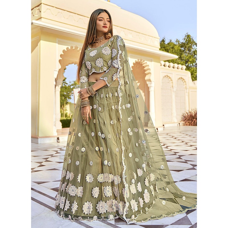 Sage Green Mirror Embellished Wedding Lehenga Choli