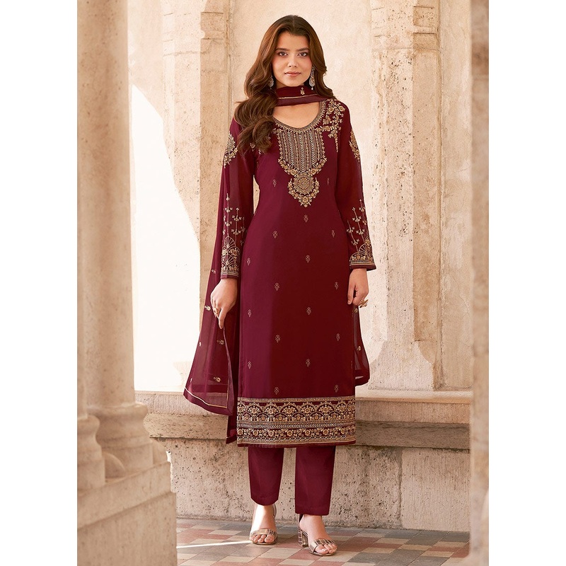 Salwar Kameez in Maroon with Resham & Thread Embroidery
