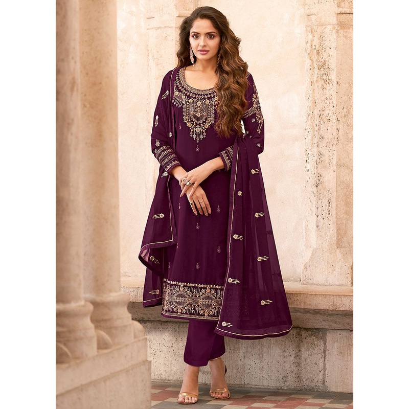 Salwar Kameez in Purple with Resham & Thread Embroidery