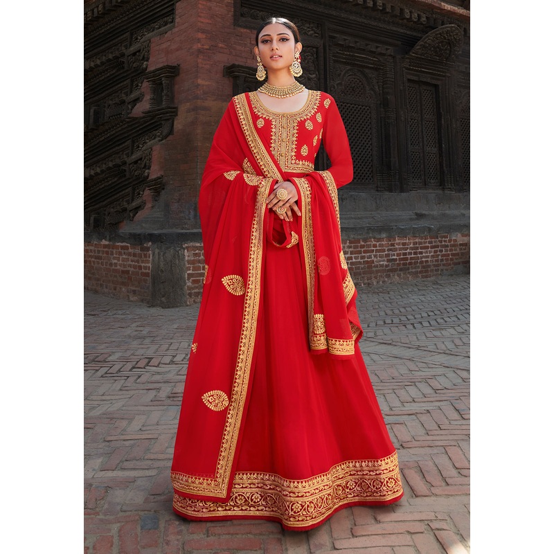 Scarlet Red Stone Embellished Floor Length Anarkali Suit