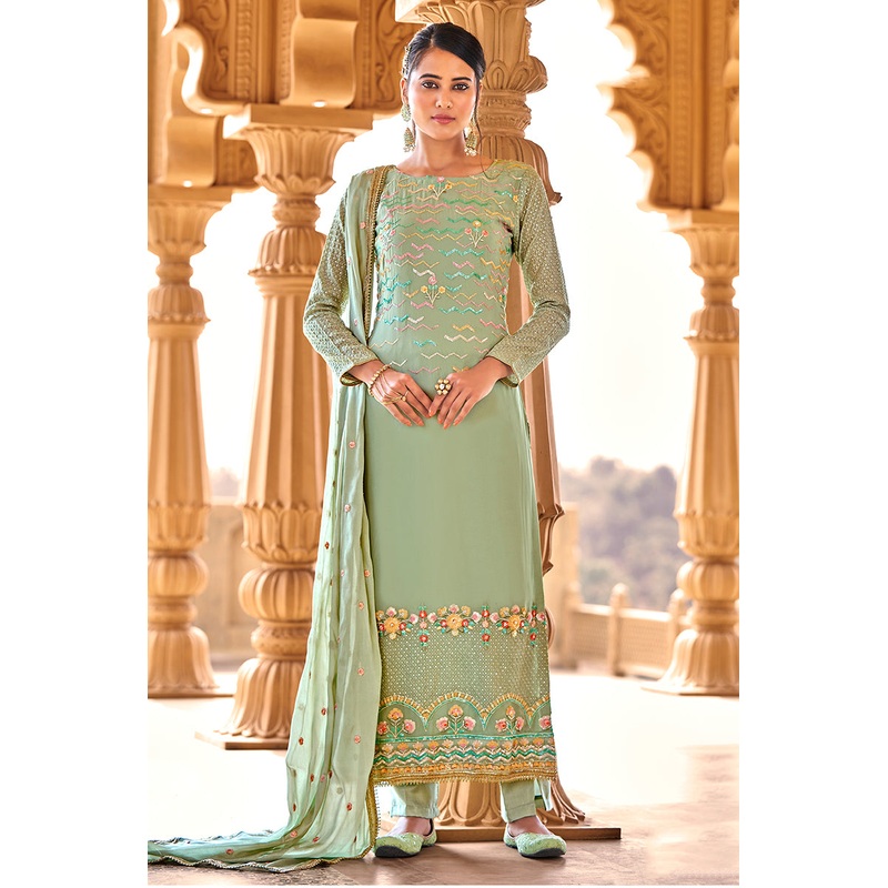 Sea Green Georgette Viscose Embroidered Salwar Suit