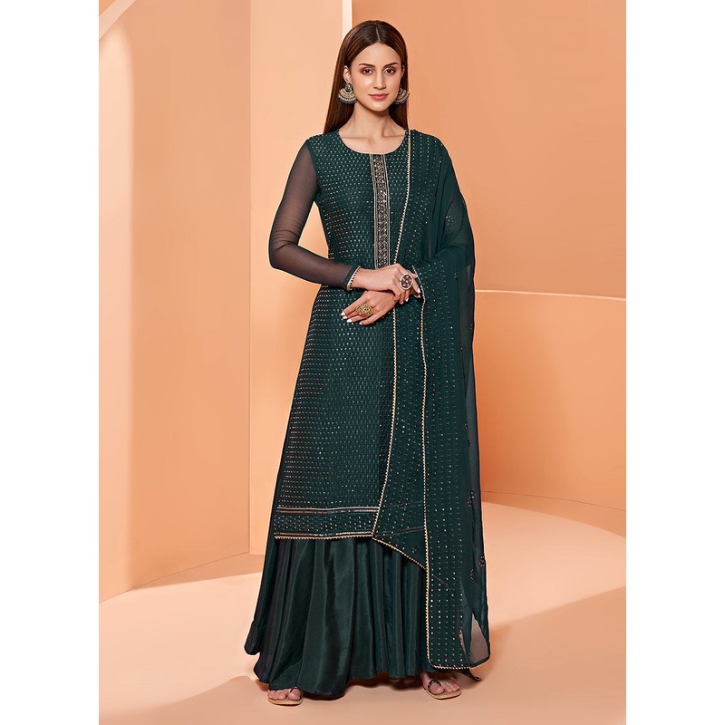 Sequins Embroidered Bottle Green Georgette Sharara Suit