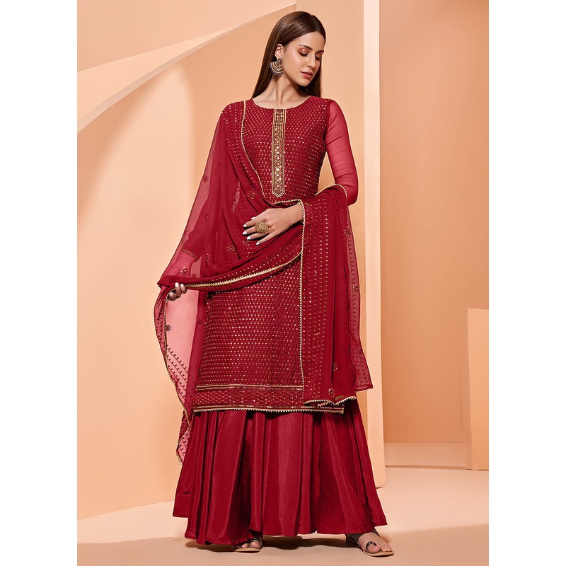 Sequins Embroidered Deep Red Georgette Sharara Suit