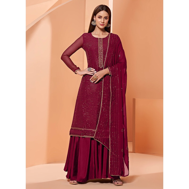 Sequins Embroidered Magenta Georgette Sharara Suit
