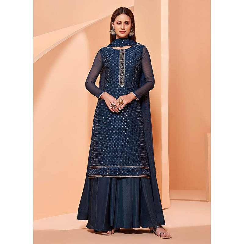 Sequins Embroidered Retro Blue Georgette Sharara Suit