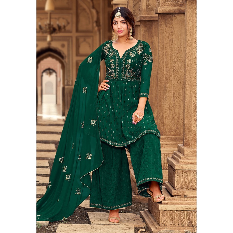 Sharara Set in Bottle Green Beautifully Embroidered Suit