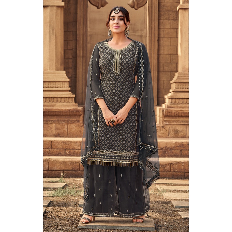 Sharara Set in Grey Beautifully Embroidered Suit